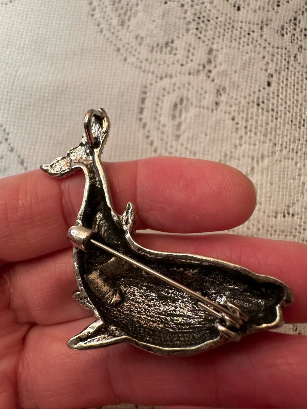 Silver Whale Ornament Brooch with Amber Rhinestones